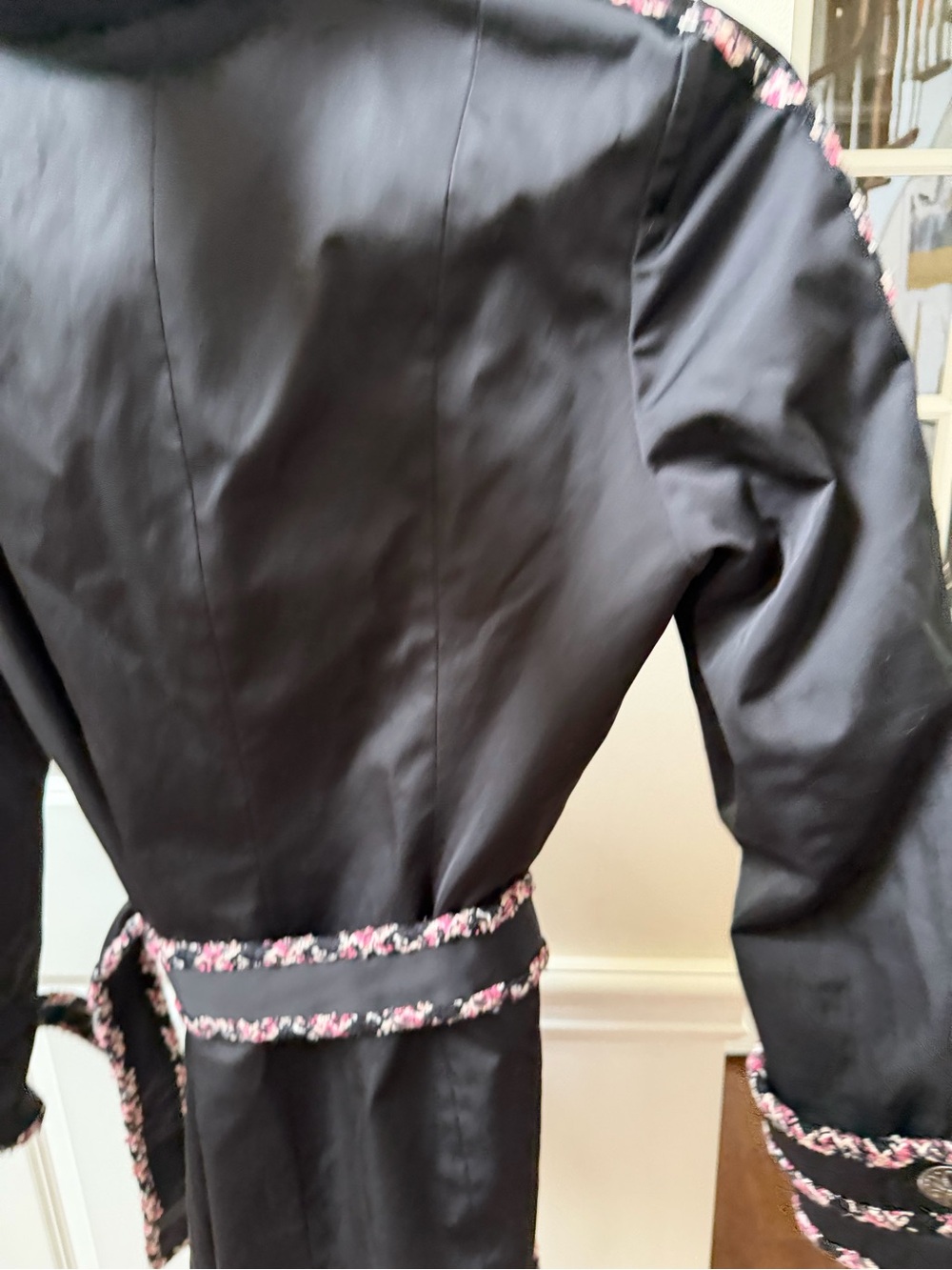 INC International Concepts Black Trench Coat with Pink Floral Trim - Picture 8 of 8